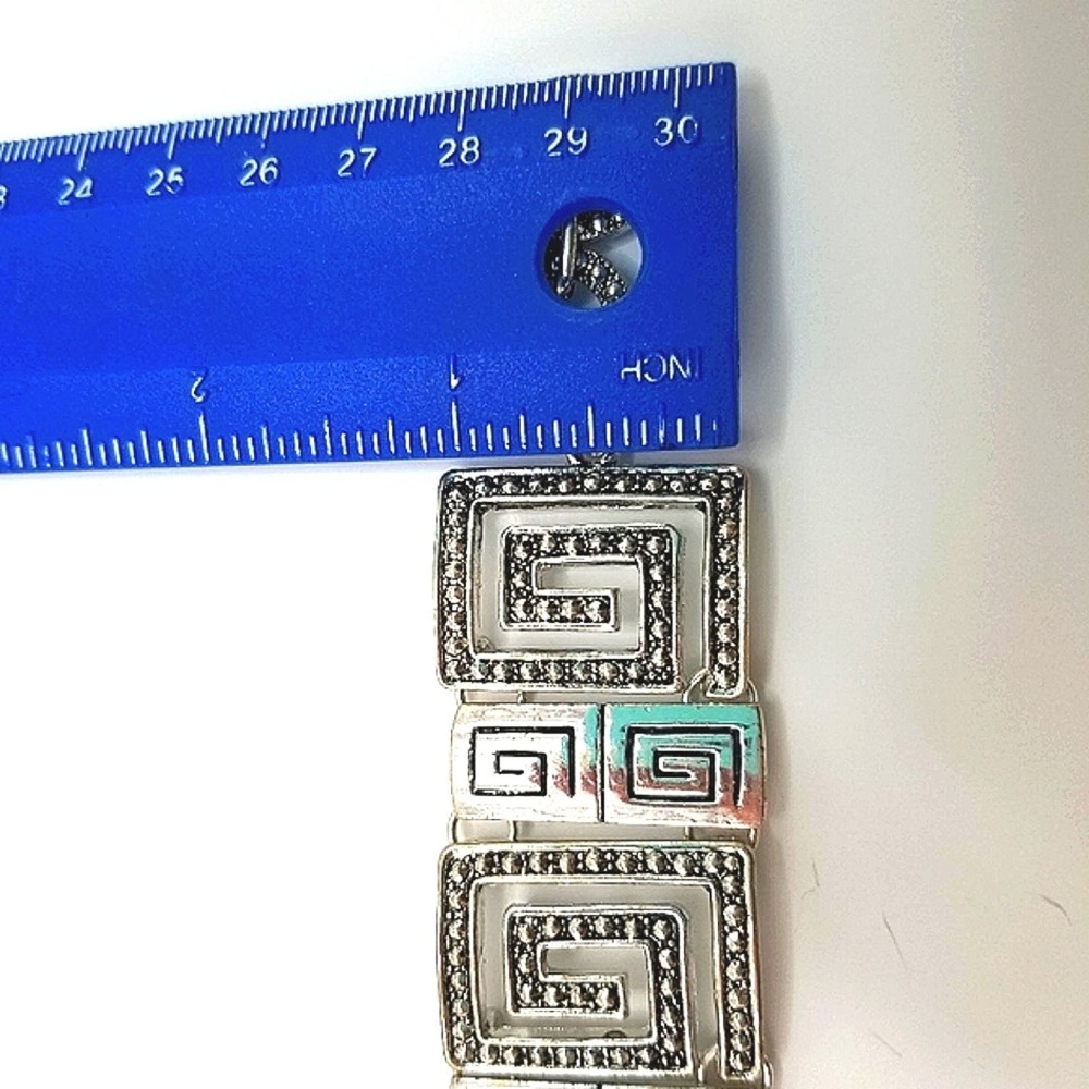 Greek Keysquare Bracelet Chunky Silvertone & Black Spiral Link T-Bar Closure - Picture 8 of 14